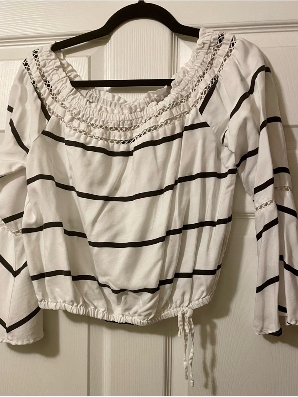 Walter Baker White Top with Black Stripes and Smocked Neckline
